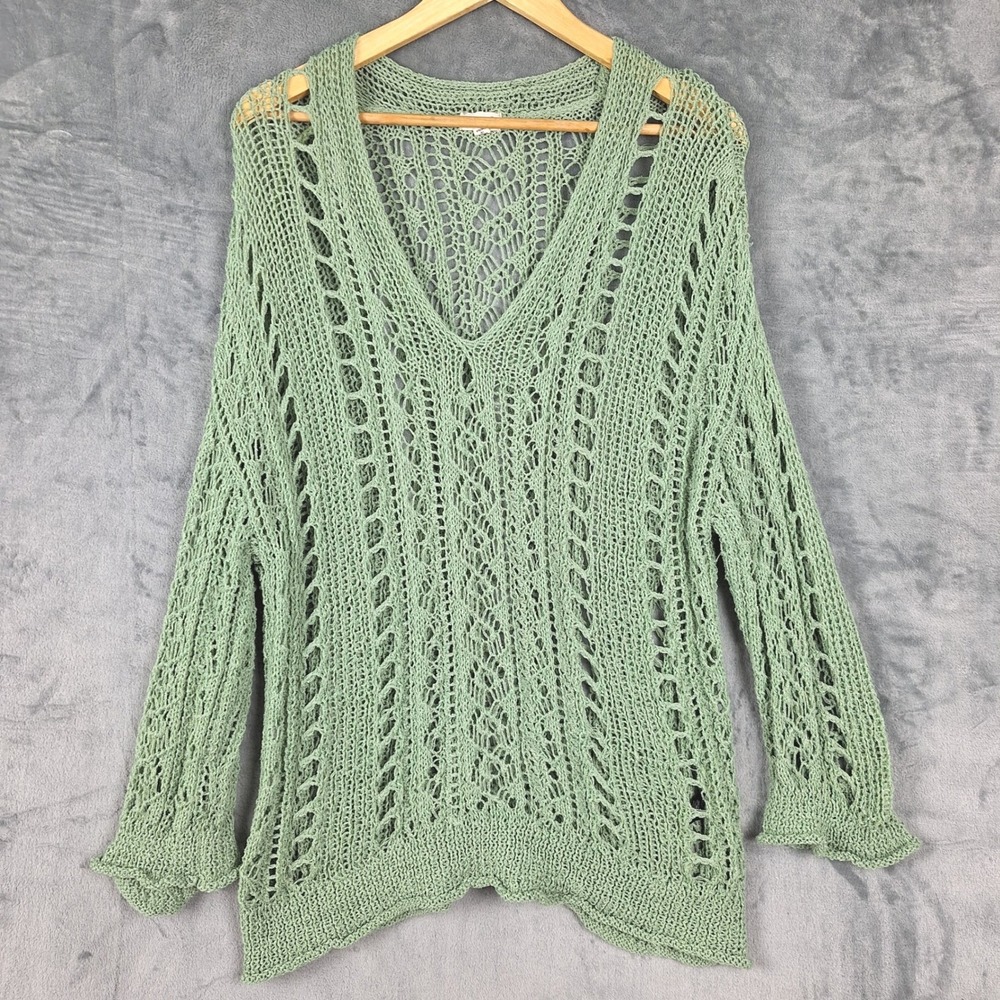 Womens Sweater Large Green Crochet Open Knit Boho Slouchy Beachy Festival Layer